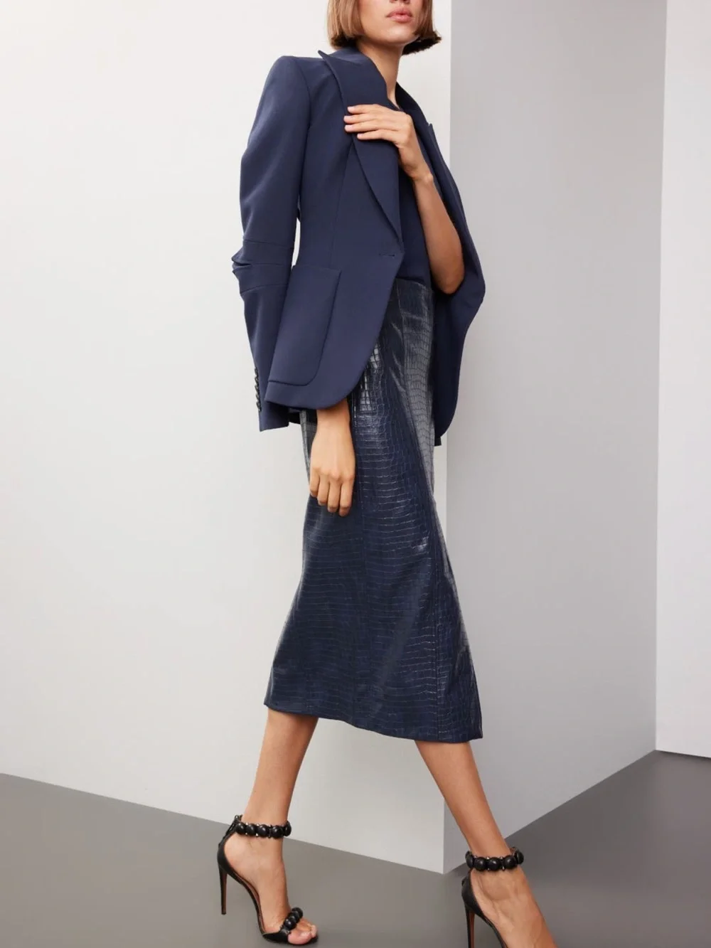 Tanya Taylor Navy Croc-Embossed Midi Skirt